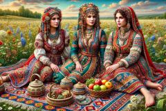 DALL·E-2025-09-19-22.45.45-An-ultra-hyperrealistic-horizontal-close-up-fantasy-scene-in-ornate-Mary-Ooms–inspired-style.-Three-women-sit-together-on-a-colorful-traditional-woven