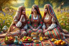 DALL·E-2025-09-19-22.45.46-An-ultra-hyperrealistic-horizontal-close-up-fantasy-scene-in-ornate-Mary-Ooms–inspired-style.-Three-women-sit-together-on-a-colorful-traditional-woven