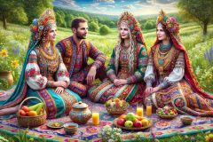 DALL·E-2025-09-19-22.45.49-An-ultra-hyperrealistic-horizontal-fantasy-scene-in-ornate-Mary-Ooms–inspired-style.-Three-women-and-one-man-sit-together-on-a-colorful-traditional-wo