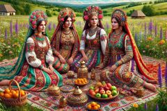 DALL·E-2025-09-19-22.45.51-An-ultra-hyperrealistic-horizontal-fantasy-scene-in-ornate-Mary-Ooms–inspired-style.-Three-women-and-one-man-sit-together-on-a-colorful-traditional-wo