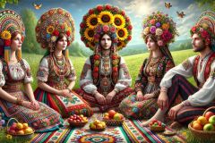 DALL·E-2025-09-19-22.45.53-An-ultra-hyperrealistic-horizontal-fantasy-scene-in-ornate-Mary-Ooms–inspired-style.-Three-women-and-one-man-sit-together-on-a-colorful-traditional-wo