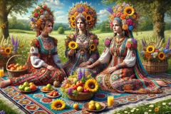DALL·E-2025-09-19-22.45.55-An-ultra-hyperrealistic-horizontal-fantasy-scene-in-ornate-Mary-Ooms–inspired-style.-Three-women-and-one-man-sit-together-on-a-colorful-traditional-wo
