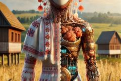 DALL·E-2025-06-30-20.23.06-Full-body-extreme-close-up-photorealistic-image-of-a-surreal-hybrid-being-standing-in-a-sunlit-rural-landscape-inspired-by-Milic-of-Macva.-One-half-