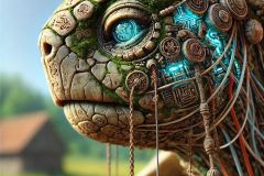 DALL·E-2025-06-30-20.23.30-Extreme-close-up-photorealistic-surreal-being-inspired-by-Milic-of-Macva.-The-creature-is-a-fusion-of-turtle-and-robot-—-a-strange-unique-figure-wit