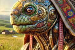 DALL·E-2025-06-30-20.23.40-Extreme-close-up-photorealistic-full-body-image-of-a-surreal-hybrid-turtle-robot-being-in-daylight-inspired-by-Milic-of-Macva.-The-creature-has-a-go
