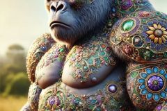 DALL·E-2025-09-19-22.57.08-An-ultra-hyperrealistic-vertical-full-body-portrait-of-a-surreal-gorilla-like-creature-in-ornate-Mary-Ooms–inspired-style.-Its-body-is-massive-and-mus