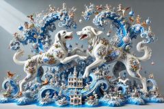 DALL·E-2025-09-19-23.46.59-An-ultra-hyperrealistic-horizontal-fantasy-scene-of-a-monumental-porcelain-sculpture-of-two-dogs-playing-together-reimagined-in-ornate-Mary-Ooms–insp