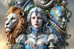 DALL·E-2025-09-19-23.48.40-An-ultra-hyperrealistic-vertical-fantasy-sculpture-in-ornate-Mary-Ooms–inspired-style-depicting-the-Wizard-of-Oz-companions-fused-into-one-monumental