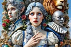 DALL·E-2025-09-19-23.48.46-An-ultra-hyperrealistic-vertical-fantasy-sculpture-in-ornate-Mary-Ooms–inspired-style-clearly-depicting-the-iconic-Wizard-of-Oz-companions-fused-into