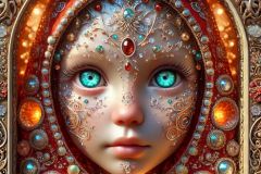 DALL·E-2025-06-30-20.26.39-Extreme-close-up-front-facing-photorealistic-surreal-portrait-of-a-beautiful-mystical-child-in-a-box-like-form-techbox-shape-blending-folklore-and