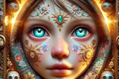 DALL·E-2025-06-30-20.26.40-Extreme-close-up-front-facing-photorealistic-surreal-portrait-of-a-beautiful-mystical-child-in-a-box-like-form-techbox-shape-blending-folklore-and