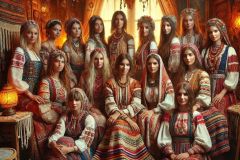 DALL·E-2025-06-30-20.27.03-Photorealistic-surreal-group-portrait-inspired-by-Milic-of-Macva.-Inside-a-warmly-lit-cafe-decorated-with-embroidered-fabrics-carved-wooden-panels-a