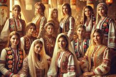 DALL·E-2025-06-30-20.27.05-Photorealistic-surreal-group-portrait-inspired-by-Milic-of-Macva.-Inside-a-warmly-lit-cafe-decorated-with-embroidered-fabrics-carved-wooden-panels-a