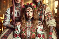 DALL·E-2025-06-30-20.27.08-Photorealistic-surreal-image-inspired-by-Milic-of-Macva.-Three-beautiful-women-are-sitting-together-in-a-warmly-lit-folk-cafe-for-a-group-photo.-All-a