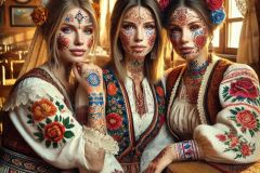 DALL·E-2025-06-30-20.27.10-Photorealistic-surreal-image-inspired-by-Milic-of-Macva.-Three-beautiful-women-are-sitting-together-in-a-warmly-lit-folk-cafe-for-a-group-photo.-All-a