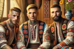 DALL·E-2025-06-30-20.27.13-Photorealistic-surreal-image-inspired-by-Milic-of-Macva.-Three-men-are-sitting-together-in-a-warmly-lit-folkloric-cafe-for-a-group-photo.-Each-man-is-