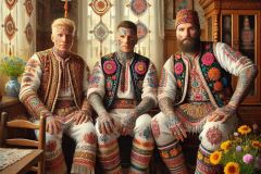 DALL·E-2025-06-30-20.27.14-Photorealistic-surreal-image-inspired-by-Milic-of-Macva.-Three-men-are-sitting-together-in-a-warmly-lit-folkloric-cafe-for-a-group-photo.-Each-man-is-