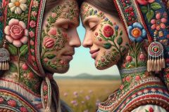 DALL·E-2025-06-30-20.27.50-Extreme-close-up-photorealistic-surreal-image-inspired-by-Milic-of-Macva.-Two-folkloric-figures-—-one-with-floral-embroidery-tattoos-and-woven-garmen