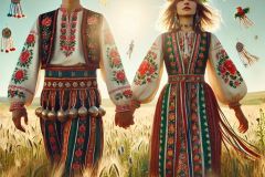 DALL·E-2025-06-30-20.27.59-Front-facing-photorealistic-surreal-image-inspired-by-Milic-of-Macva.-Two-folkloric-figures-are-walking-forward-through-a-sunlit-summer-field-seen-f