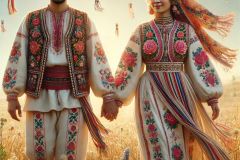 DALL·E-2025-06-30-20.28.01-Front-facing-photorealistic-surreal-image-inspired-by-Milic-of-Macva.-Two-folkloric-figures-are-walking-forward-through-a-sunlit-summer-field-seen-f