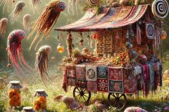 DALL·E-2025-06-30-20.28.22-Extreme-close-up-photorealistic-surreal-image-inspired-by-Milic-of-Macva.-A-floating-folkloric-market-stall-hovers-in-a-bright-summer-meadow.-The-sta
