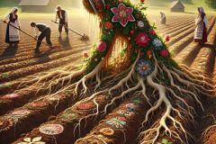 DALL·E-2025-06-30-20.28.28-Photorealistic-surreal-image-inspired-by-Milic-of-Macva.-In-a-sunny-plowed-field-as-Balkan-peasants-in-embroidered-folk-clothing-work-the-land-a-str