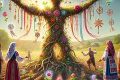 DALL·E-2025-06-30-20.28.33-Photorealistic-surreal-image-inspired-by-Milic-of-Macva.-A-folkloric-creature-made-of-roots-embroidered-fabric-and-glowing-threads-stands-in-a-sunny