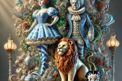 DALL·E-2025-09-19-23.51.36-An-ultra-hyperrealistic-vertical-fantasy-sculpture-in-ornate-Mary-Ooms–inspired-style-depicting-the-Wizard-of-Oz-companions-fused-into-one-monumental