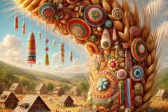 DALL·E-2025-06-30-20.28.04-Extreme-close-up-photorealistic-surreal-image-inspired-by-Milic-of-Macva.-A-giant-ear-of-wheat-richly-adorned-with-Balkan-folk-embroidery-and-woven-