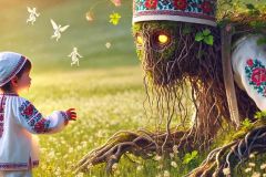 DALL·E-2025-06-30-20.28.41-Photorealistic-surreal-image-inspired-by-Milic-of-Macva.-A-young-child-dressed-in-embroidered-Balkan-folk-clothing-is-walking-gently-toward-a-folklori