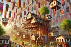 DALL·E-2025-06-30-20.28.53-Photorealistic-surreal-image-inspired-by-Milic-of-Macva.-A-fantastical-Balkan-village-hangs-suspended-from-an-enormous-antique-weaving-loom.-The-house
