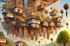 DALL·E-2025-06-30-20.28.54-Photorealistic-surreal-image-inspired-by-Milic-of-Macva.-A-fantastical-Balkan-village-hangs-suspended-from-an-enormous-antique-weaving-loom.-The-house