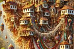DALL·E-2025-06-30-20.28.56-Extreme-close-up-photorealistic-surreal-scene-inspired-by-Milic-of-Macva.-A-richly-detailed-view-of-a-fantastical-Balkan-village-suspended-from-a-gia