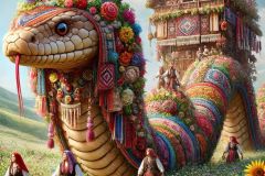 DALL·E-2025-06-30-20.29.20-Extreme-close-up-photorealistic-surreal-image-inspired-by-Milic-of-Macva.-A-giant-folkloric-serpent-richly-decorated-like-a-Balkan-village-house-sl
