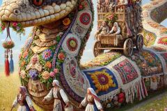DALL·E-2025-06-30-20.29.22-Extreme-close-up-photorealistic-surreal-image-inspired-by-Milic-of-Macva.-A-giant-folkloric-serpent-richly-decorated-like-a-Balkan-village-house-sl