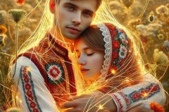 DALL·E-2025-06-30-20.29.48-Photorealistic-surreal-image-inspired-by-Milic-of-Macva.-In-a-radiant-summer-field-filled-with-wildflowers-and-floating-folkloric-symbols-a-young-fol