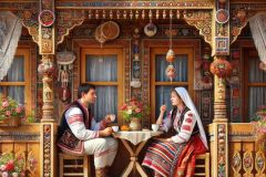 DALL·E-2025-06-30-20.30.04-Photorealistic-surreal-image-inspired-by-Milic-of-Macva.-A-richly-decorated-old-wooden-balcony-of-a-traditional-Bosnian-house-in-daylight.-Two-people-