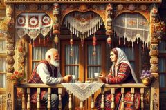DALL·E-2025-06-30-20.30.06-Photorealistic-surreal-image-inspired-by-Milic-of-Macva.-A-richly-decorated-old-wooden-balcony-of-a-traditional-Bosnian-house-in-daylight.-Two-people-