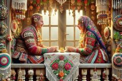 DALL·E-2025-06-30-20.30.15-Extreme-close-up-photorealistic-surreal-image-inspired-by-Milic-of-Macva.-Two-people-dressed-in-richly-embroidered-traditional-Balkan-folk-clothing-s