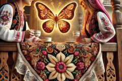 DALL·E-2025-06-30-20.30.22-Extreme-close-up-photorealistic-surreal-image-inspired-by-Milic-of-Macva.-On-a-beautifully-carved-wooden-balcony-of-a-traditional-Bosnian-house-two-