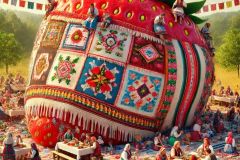 DALL·E-2025-06-30-20.31.35-Photorealistic-surreal-scene-inspired-by-Milic-of-Macva.-A-massive-oversized-strawberry-sits-in-a-sunny-field.-Its-surface-is-covered-in-colorful-Bal