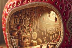 DALL·E-2025-06-30-20.31.40-Photorealistic-surreal-scene-inspired-by-Milic-of-Macva.-The-giant-embroidered-strawberry-is-gently-split-open-revealing-a-richly-detailed-inner-cham