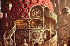 DALL·E-2025-06-30-20.31.45-Photorealistic-surreal-interior-of-a-giant-embroidered-strawberry-inspired-by-Milic-of-Macva.-Inside-the-space-is-softly-lit-and-filled-with-strange
