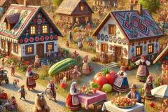 DALL·E-2025-06-30-20.31.53-Photorealistic-surreal-rural-village-scene-during-the-day-inspired-by-Milic-of-Macva.-The-village-is-lively-colorful-and-whimsical-—-houses-are-cov