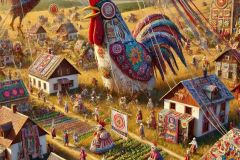 DALL·E-2025-06-30-20.32.07-Extreme-close-up-photorealistic-surreal-village-scene-inspired-by-Milic-of-Macva.-In-a-sunny-rural-field-chaos-and-wonder-unfold-—-giant-embroidered