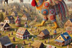 DALL·E-2025-06-30-20.32.09-Extreme-close-up-photorealistic-surreal-village-scene-inspired-by-Milic-of-Macva.-In-a-sunny-rural-field-chaos-and-wonder-unfold-—-giant-embroidered