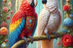 DALL·E-2025-09-20-16.07.29-An-ultra-hyperrealistic-vertical-full-body-portrait-of-two-different-species-of-fantastical-parrots-perched-together-on-a-branch-in-a-magical-forest.-