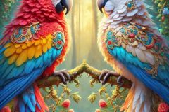 DALL·E-2025-09-20-16.07.31-An-ultra-hyperrealistic-vertical-full-body-portrait-of-two-different-species-of-fantastical-parrots-perched-together-on-a-branch-in-a-magical-forest.-