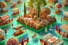 DALL·E-2025-06-30-20.32.39-Photorealistic-surreal-summer-scene-inspired-by-Milic-of-Macva.-In-the-middle-of-a-turquoise-sea-floats-a-lush-oasis-filled-with-surreal-embroidered-f