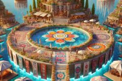 DALL·E-2025-06-30-20.32.46-Photorealistic-surreal-summer-scene-inspired-by-Milic-of-Macva.-In-the-center-of-a-floating-oasis-surrounded-by-a-turquoise-sea-there-is-a-massive-b